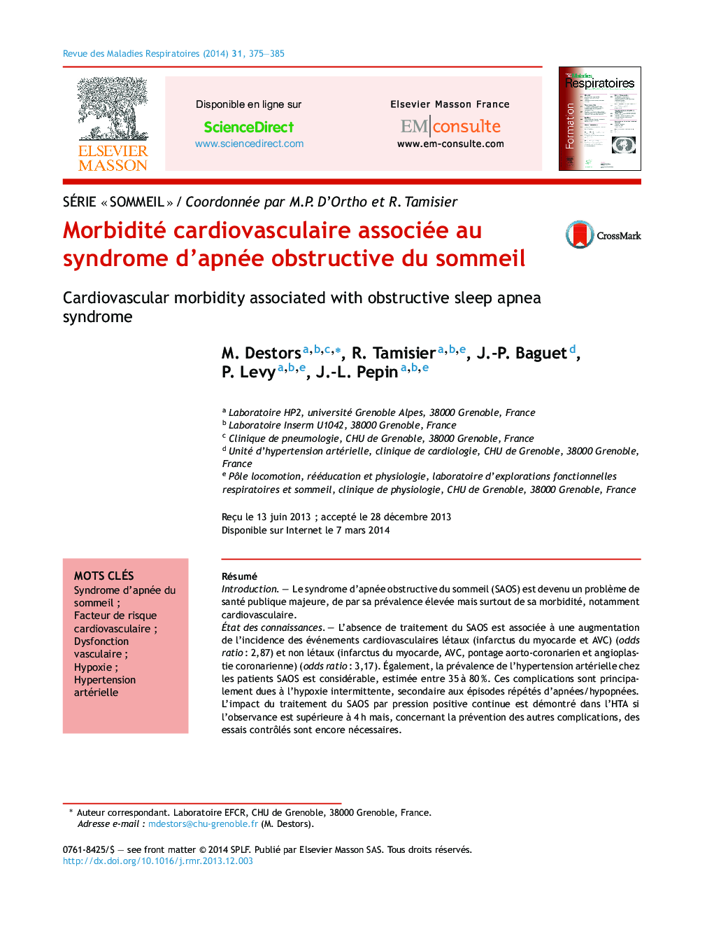 Morbidité cardiovasculaire associée au syndrome d'apnée obstructive du sommeil