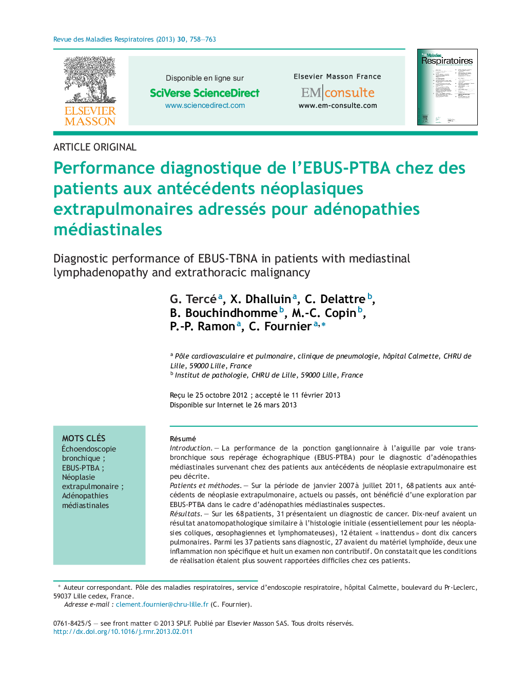 Performance diagnostique de l'EBUS-PTBA chez des patients aux antécédents néoplasiques extrapulmonaires adressés pour adénopathies médiastinales