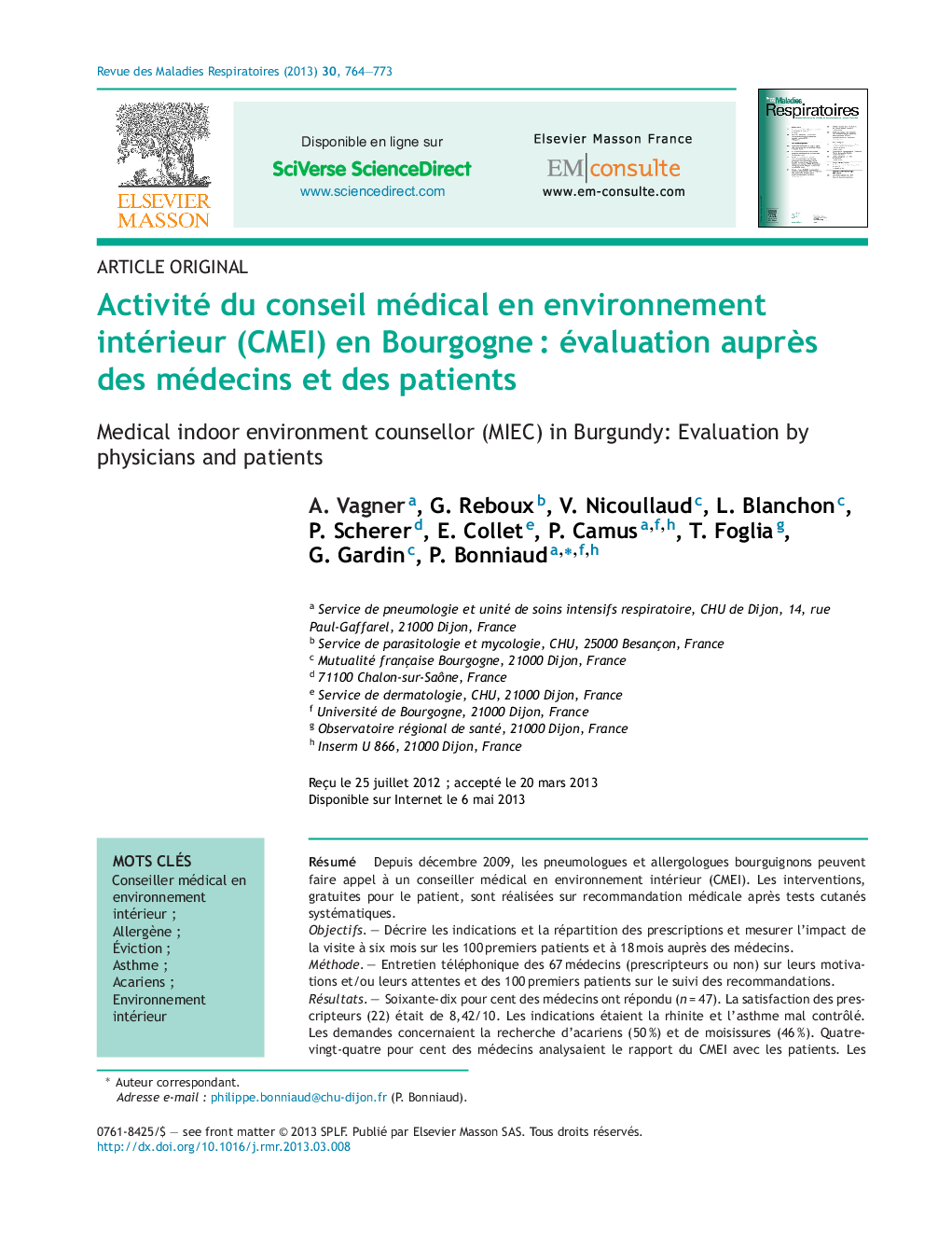 عکس صفحه اول مقاله: Activité du conseil médical en environnement intérieur (CMEI) en Bourgogne : évaluation auprès des médecins et des patients Activité du conseil médical en environnement intérieur (CMEI) en Bourgogne : évaluation auprès des médecins et des patients