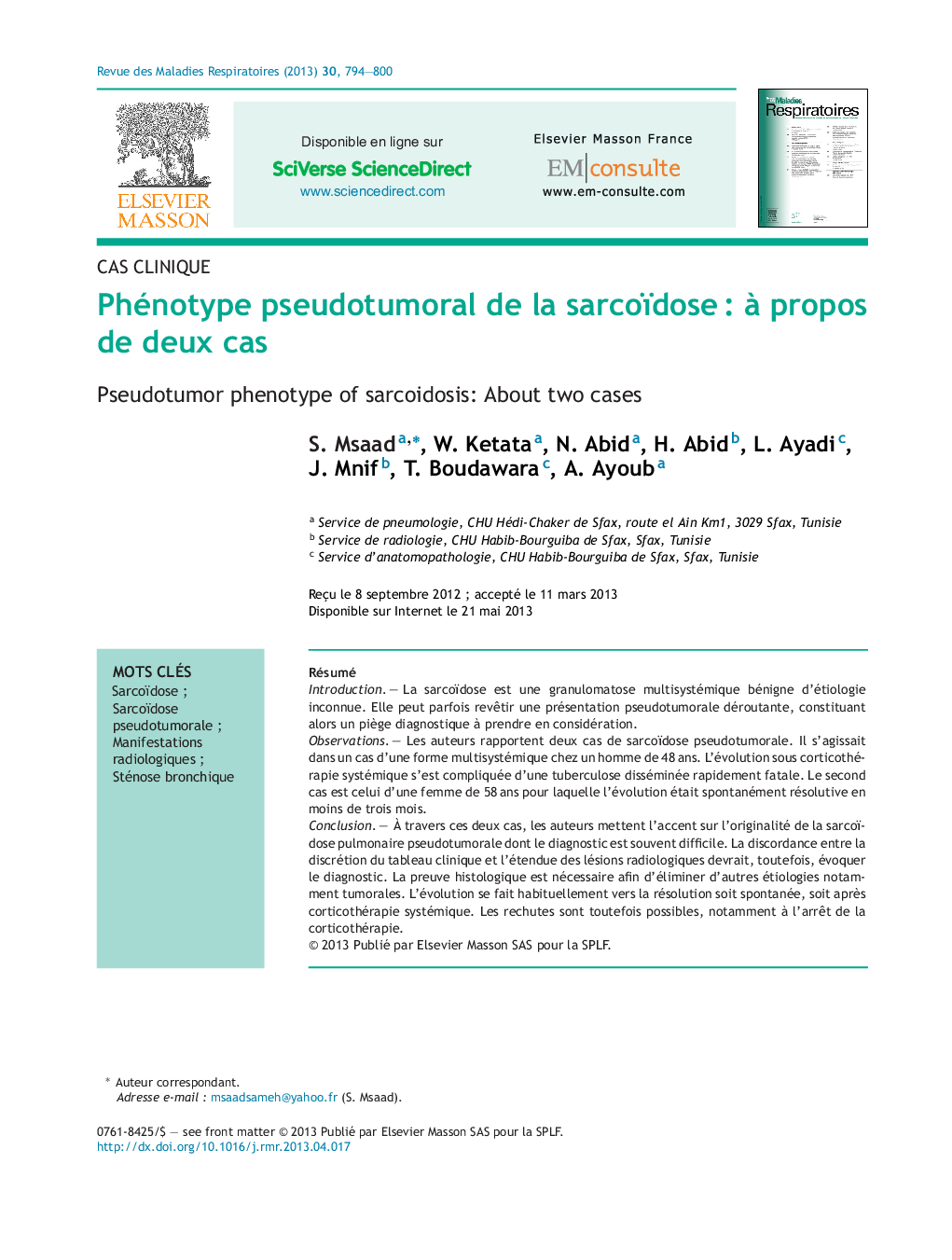 Phénotype pseudotumoral de la sarcoïdoseÂ : Ã  propos de deux cas