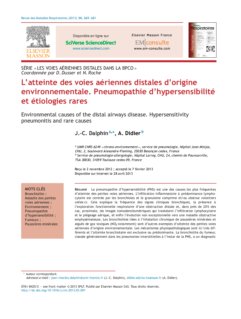 L'atteinte des voies aériennes distales d'origine environnementale. Pneumopathie d'hypersensibilité et étiologies rares