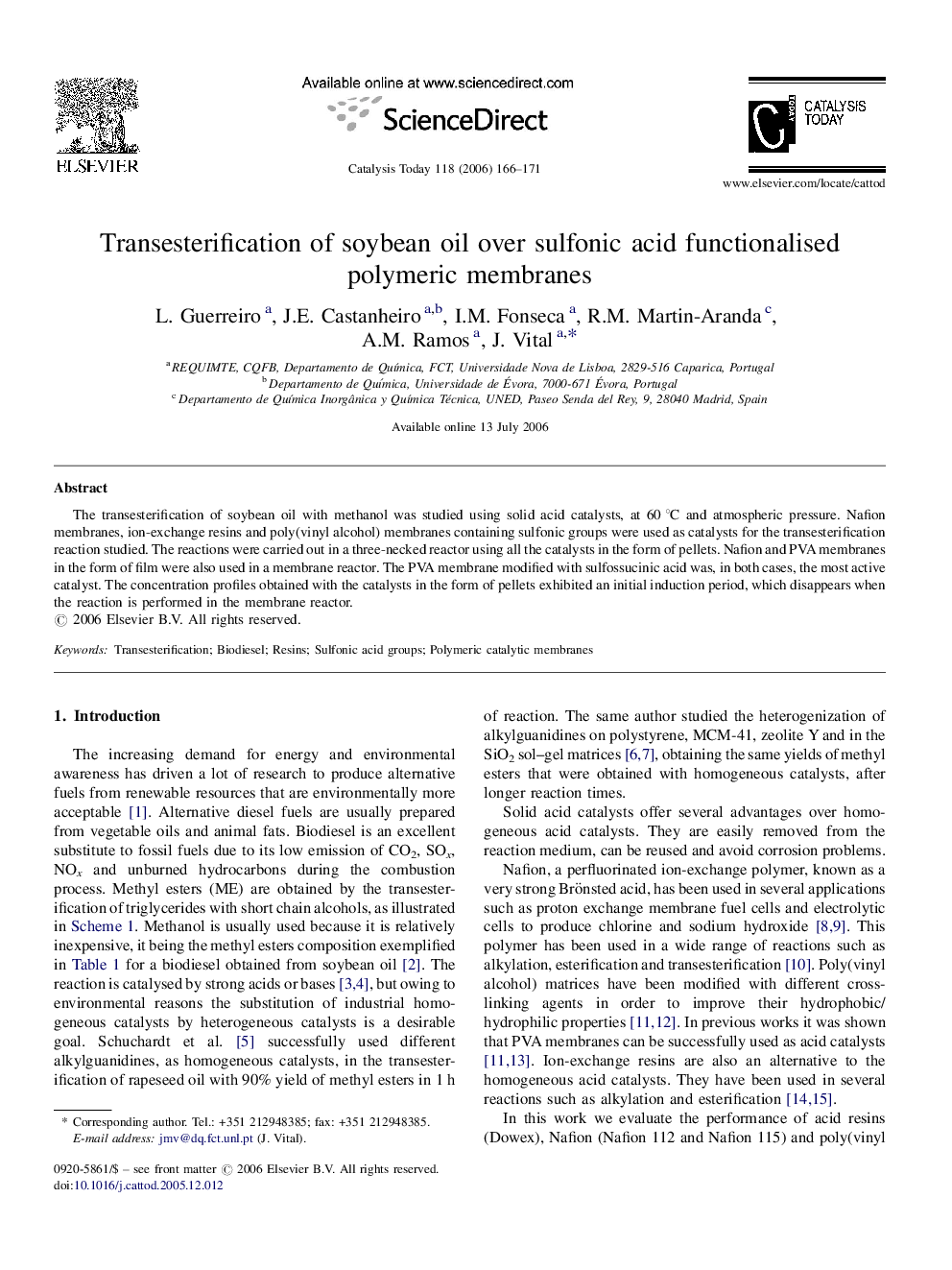 Transesterification of soybean oil over sulfonic acid functionalised polymeric membranes