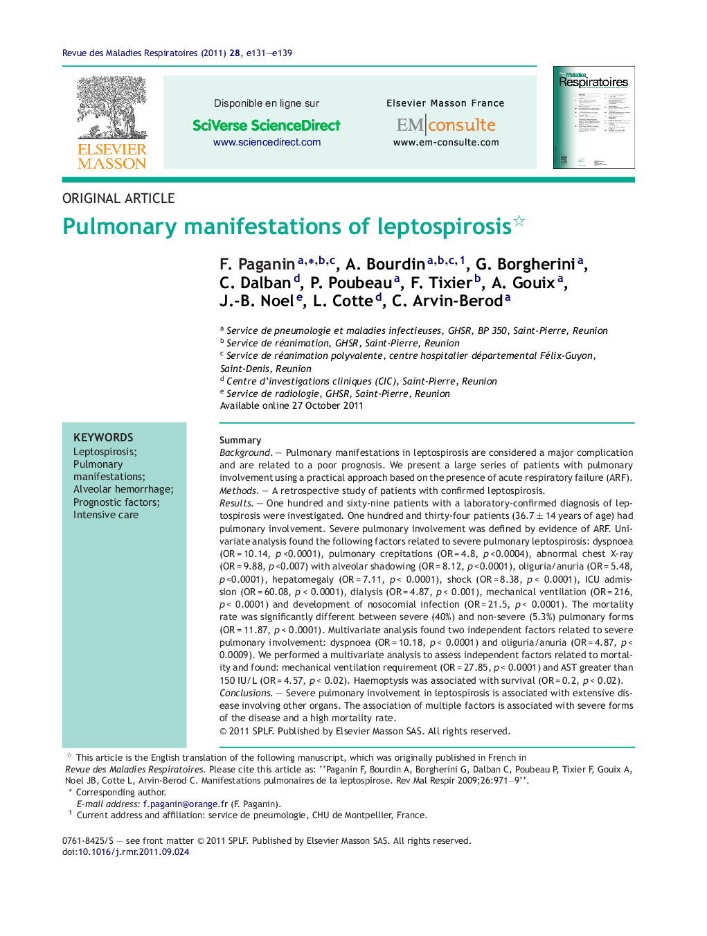 Pulmonary manifestations of leptospirosis