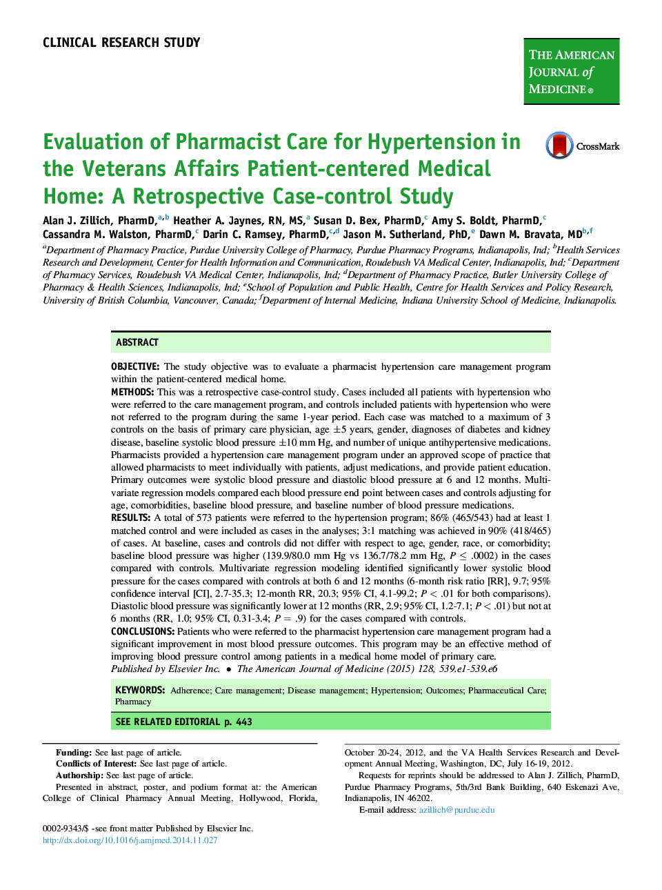 AJM onlineClinical research studyEvaluation of Pharmacist Care for Hypertension in the Veterans Affairs Patient-centered Medical Home: A Retrospective Case-control Study
