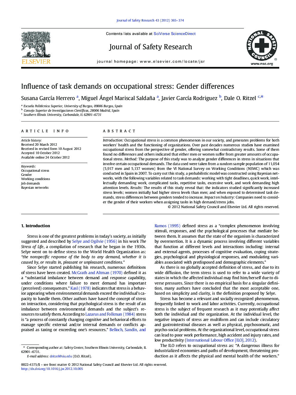 Influence of task demands on occupational stress: Gender differences