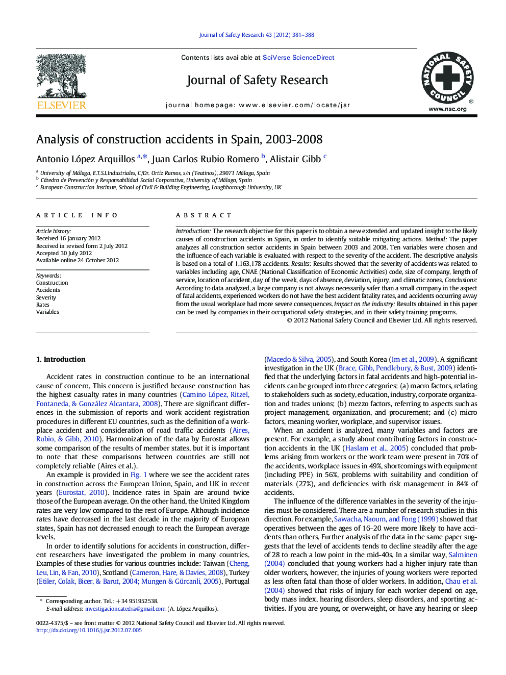 Analysis of construction accidents in Spain, 2003-2008