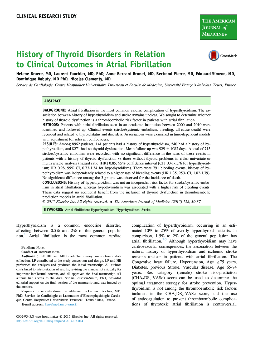 History of Thyroid Disorders in Relation toÂ Clinical Outcomes in Atrial Fibrillation