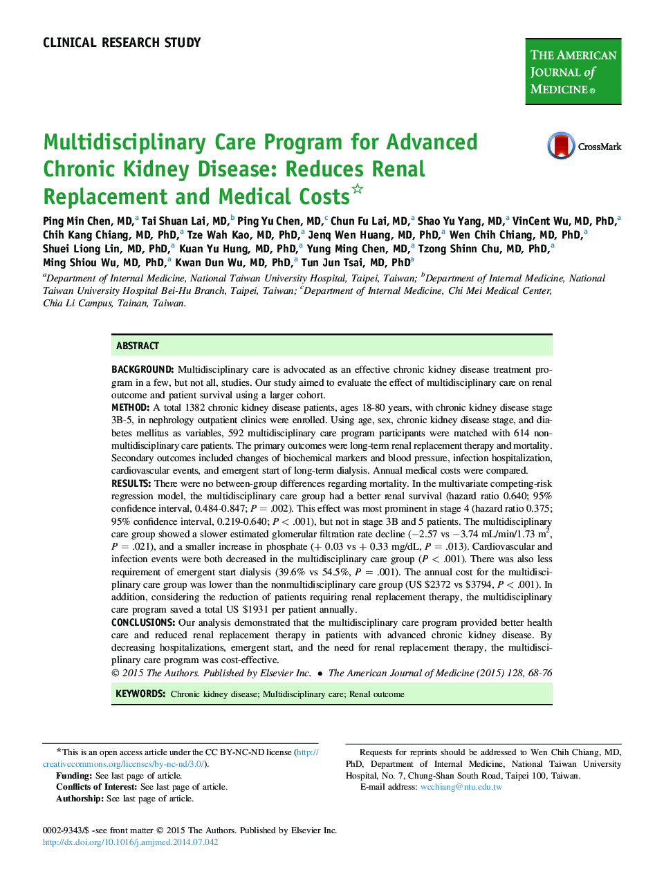 Multidisciplinary Care Program for Advanced Chronic Kidney Disease: Reduces Renal Replacement and Medical Costs