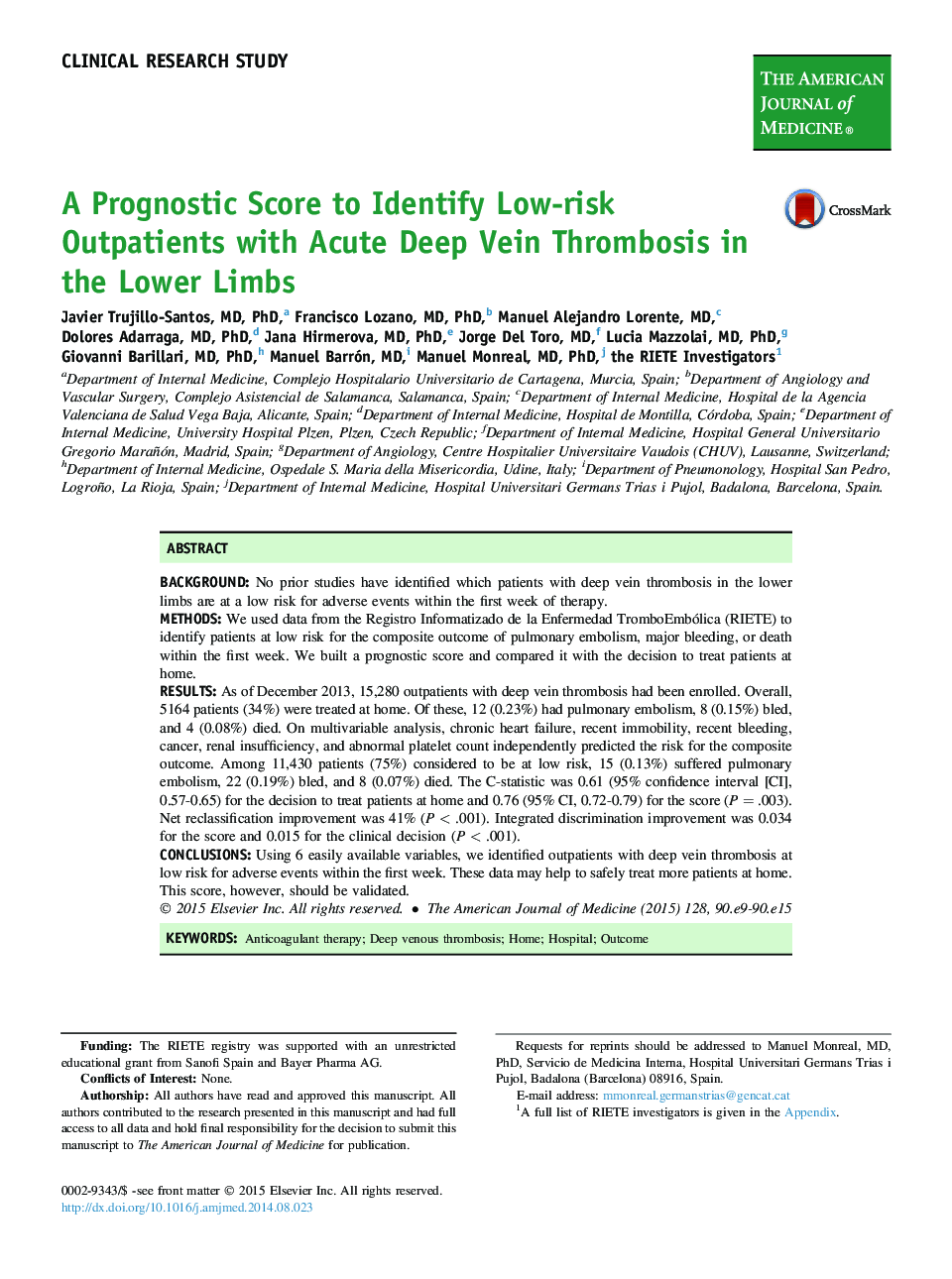 A Prognostic Score to Identify Low-risk Outpatients with Acute Deep Vein Thrombosis in the Lower Limbs
