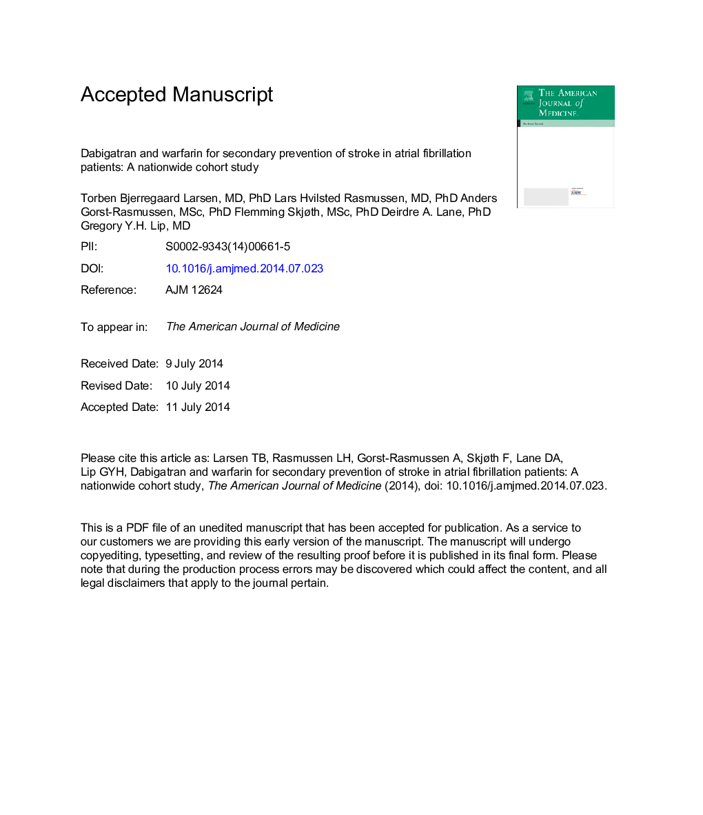 Dabigatran and Warfarin for Secondary Prevention of Stroke in Atrial Fibrillation Patients: A Nationwide Cohort Study