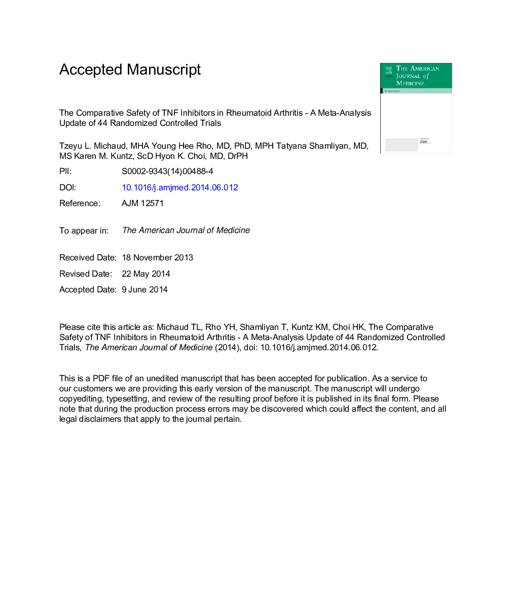 The Comparative Safety of Tumor Necrosis FactorÂ Inhibitors in Rheumatoid Arthritis: AÂ Meta-analysis Update of 44 Trials