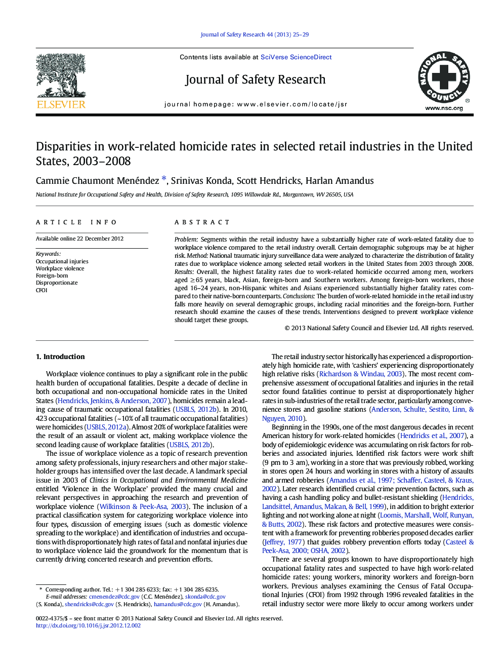 Disparities in work-related homicide rates in selected retail industries in the United States, 2003–2008