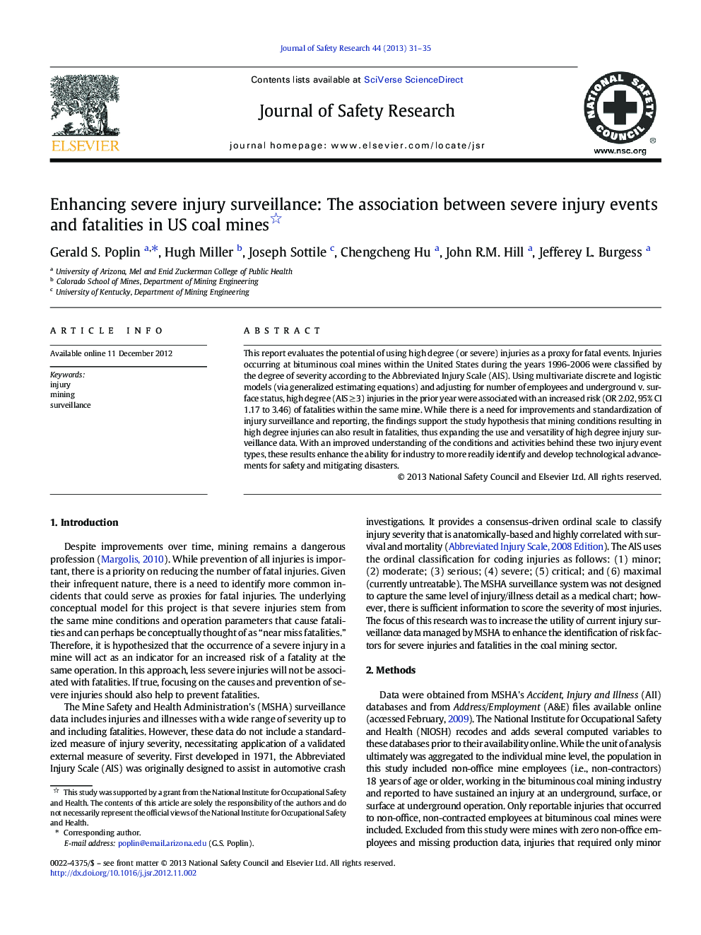 Enhancing severe injury surveillance: The association between severe injury events and fatalities in US coal mines 