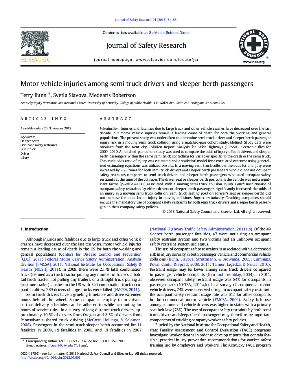 Motor vehicle injuries among semi truck drivers and sleeper berth passengers