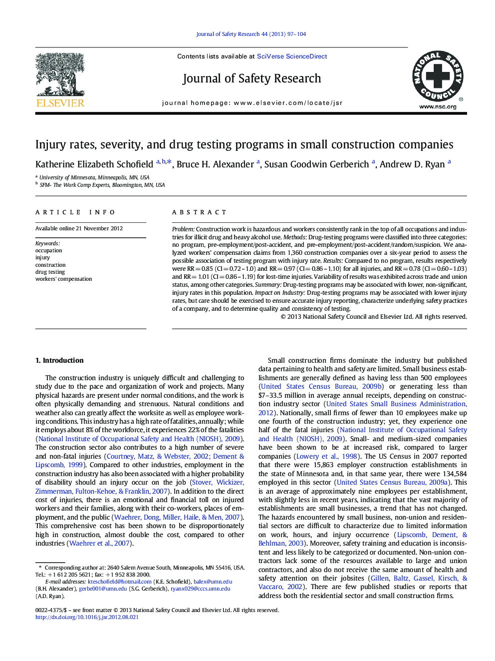 Injury rates, severity, and drug testing programs in small construction companies