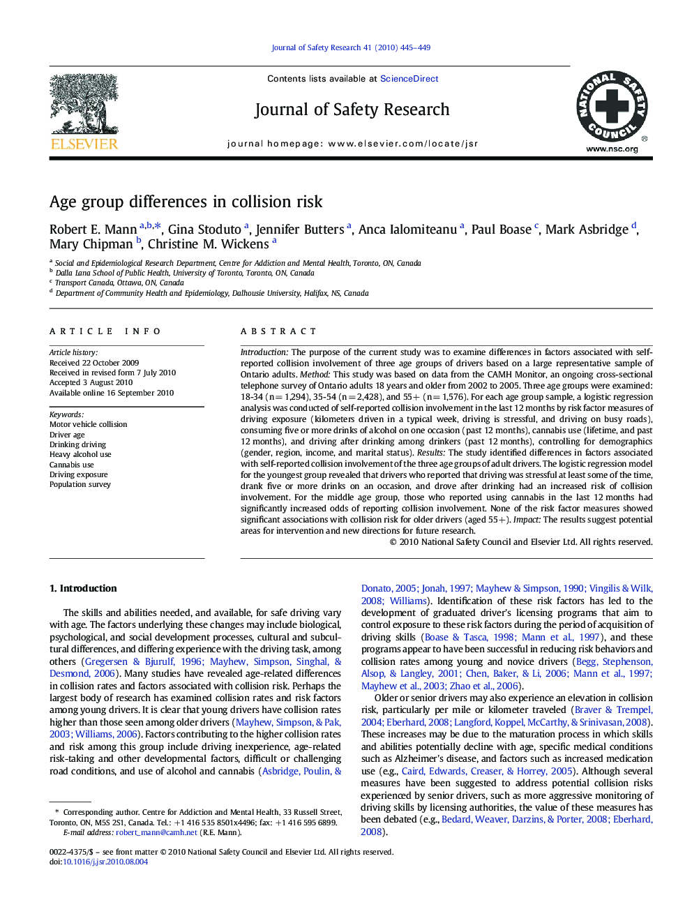 Age group differences in collision risk