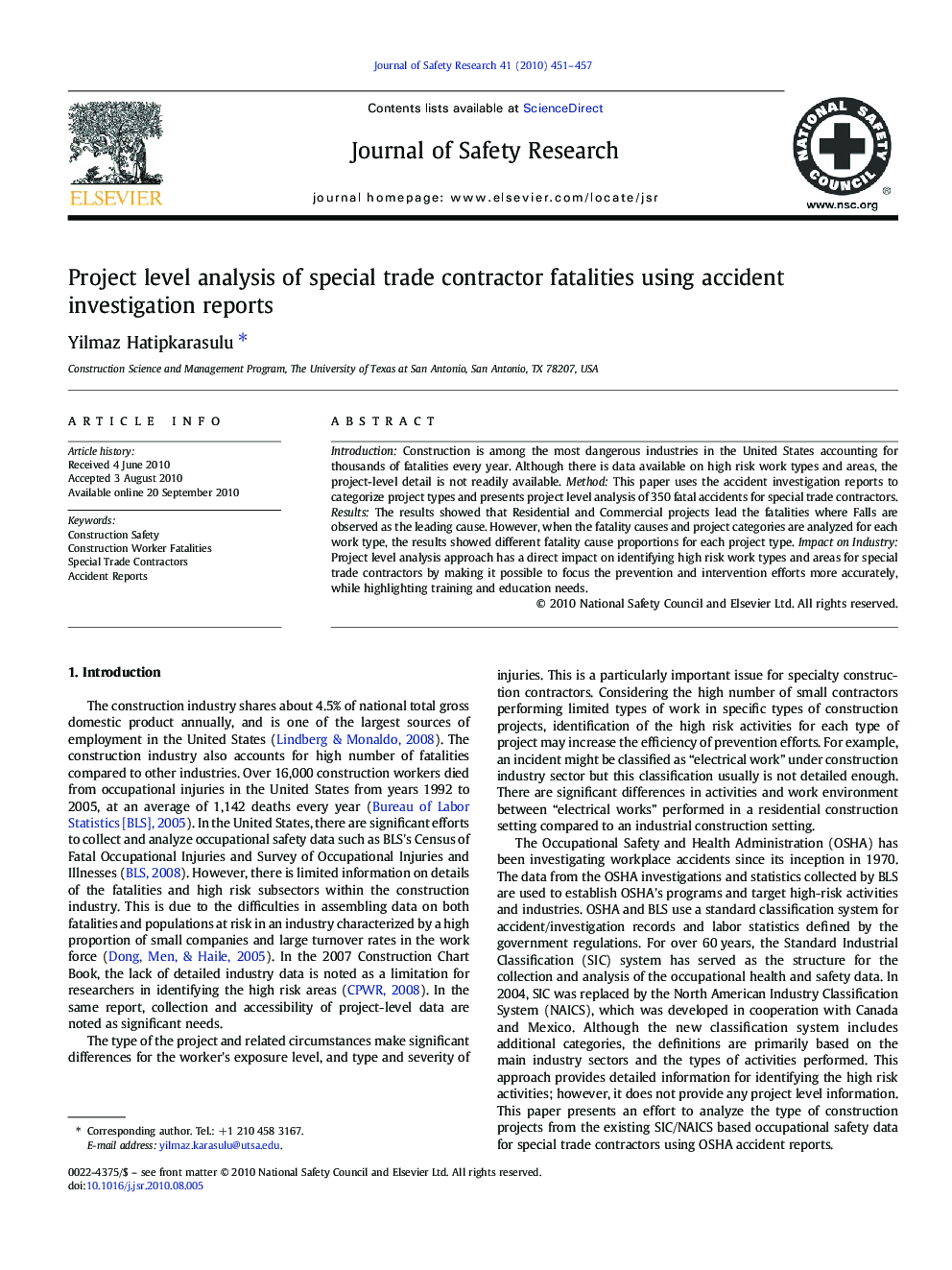 Project level analysis of special trade contractor fatalities using accident investigation reports