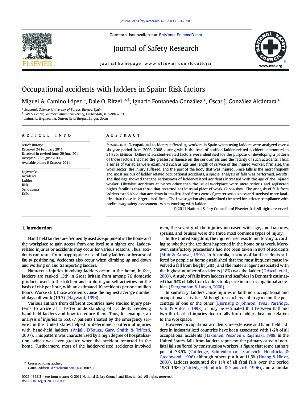 Occupational accidents with ladders in Spain: Risk factors