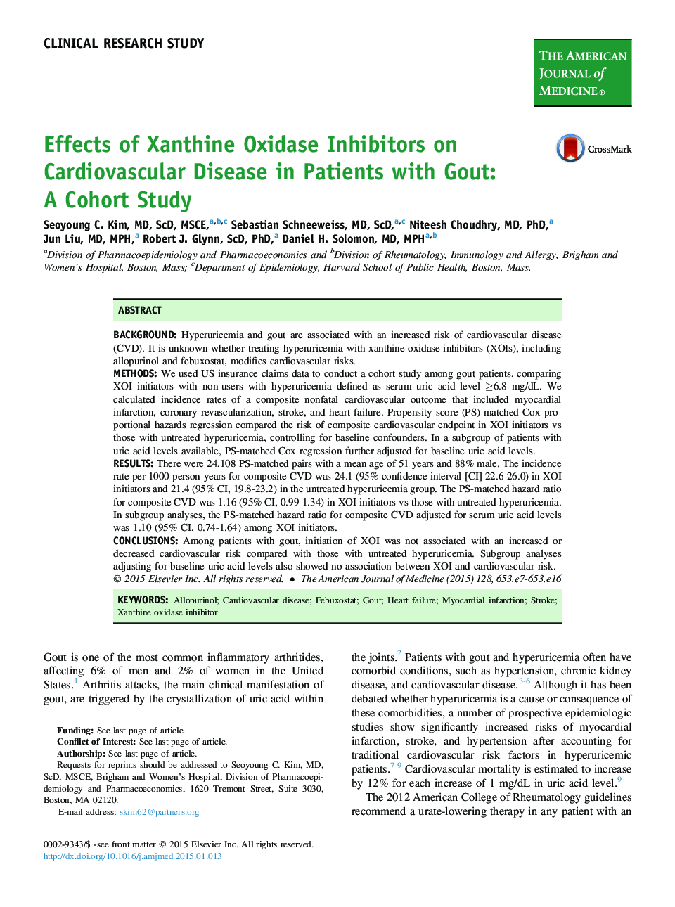 Effects of Xanthine Oxidase Inhibitors on Cardiovascular Disease in Patients with Gout: AÂ Cohort Study