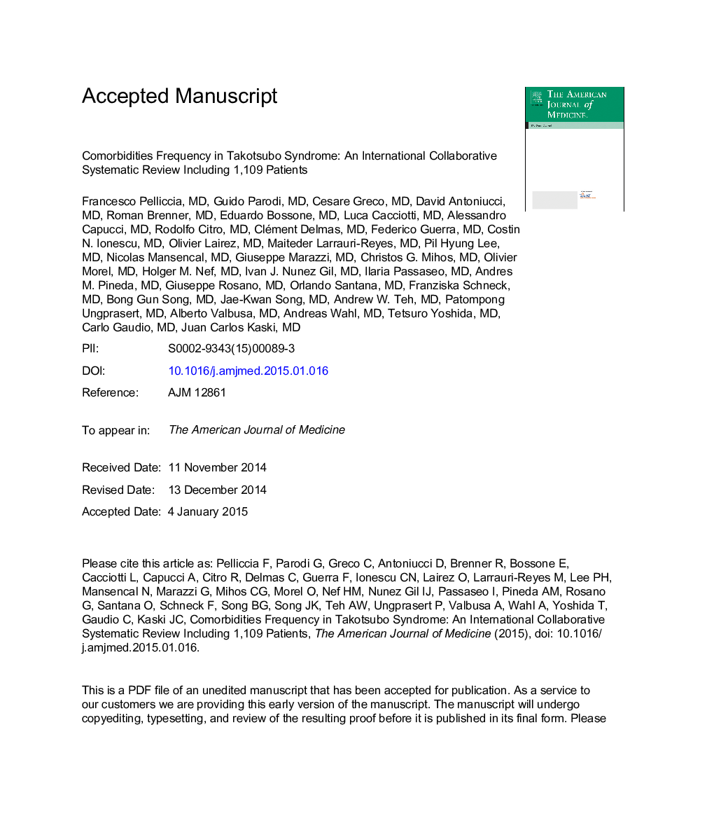 Comorbidities Frequency in Takotsubo Syndrome: An International Collaborative Systematic Review Including 1109 Patients