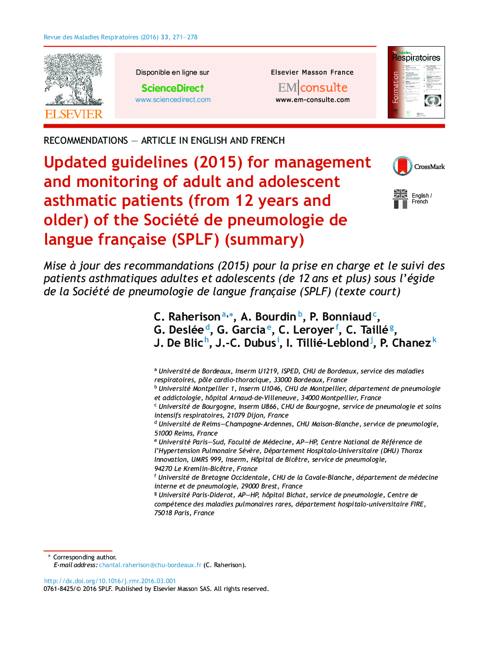 Updated guidelines (2015) for management and monitoring of adult and adolescent asthmatic patients (from 12 years and older) of the Société de pneumologie de langue française (SPLF) (summary)