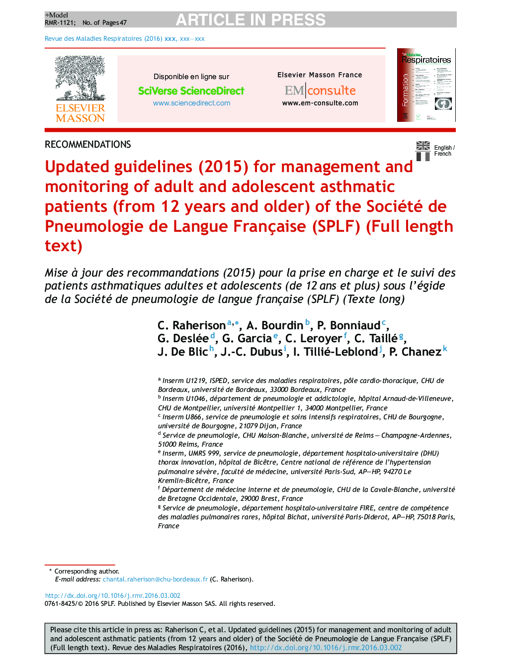 Updated guidelines (2015) for management and monitoring of adult and adolescent asthmatic patients (from 12 years and older) of the Société de Pneumologie de Langue Française (SPLF) (Full length text)