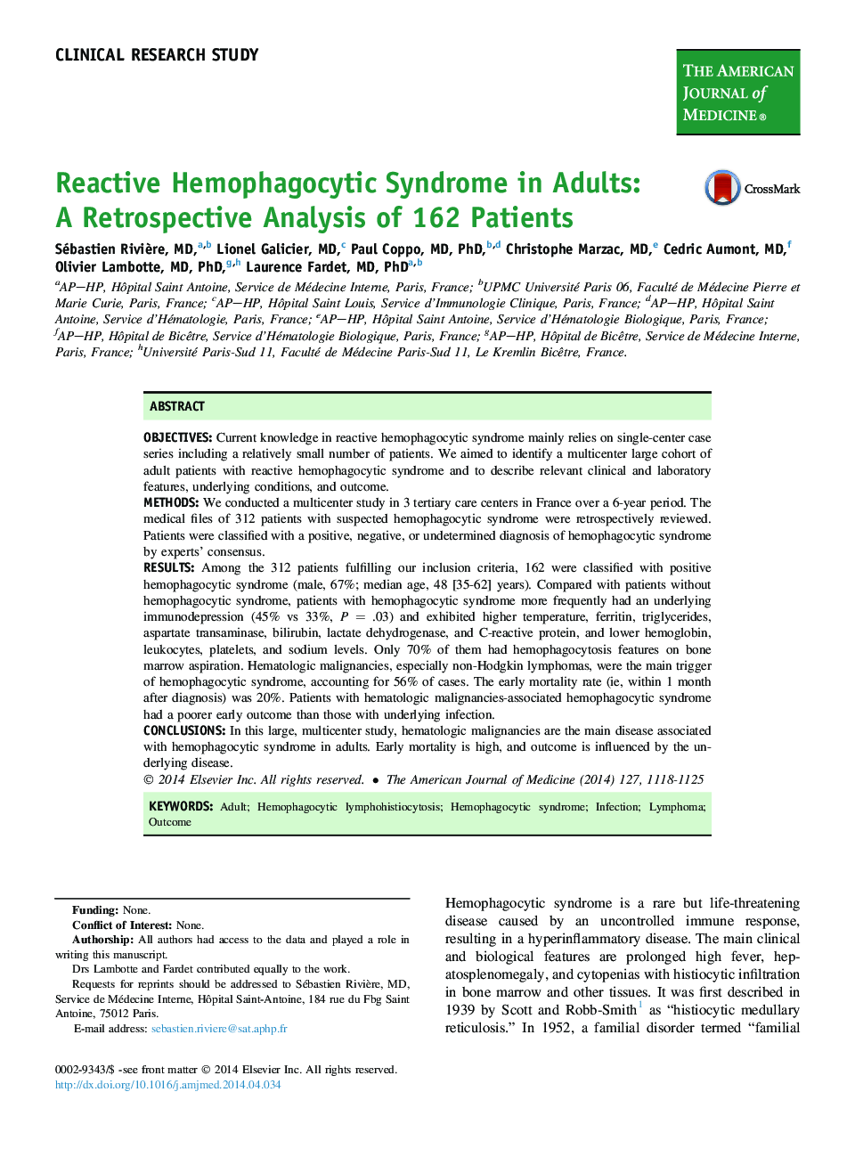 تحقیق بالینی سندرم هموفیوپلاستی فعال در بزرگسالان: یک بررسی گذشتهنگر از 162 بیمار 