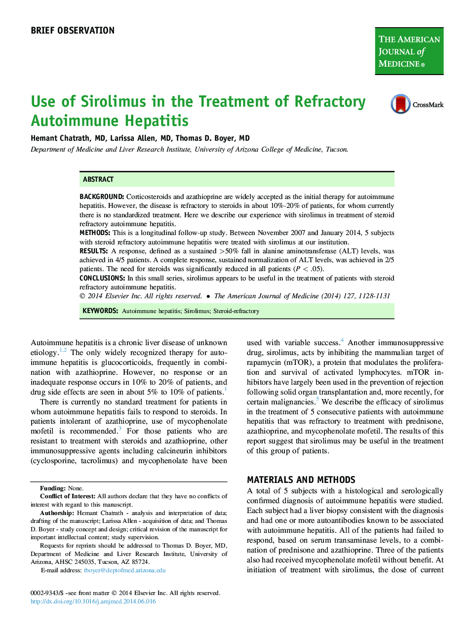 Use of Sirolimus in the Treatment of Refractory Autoimmune Hepatitis