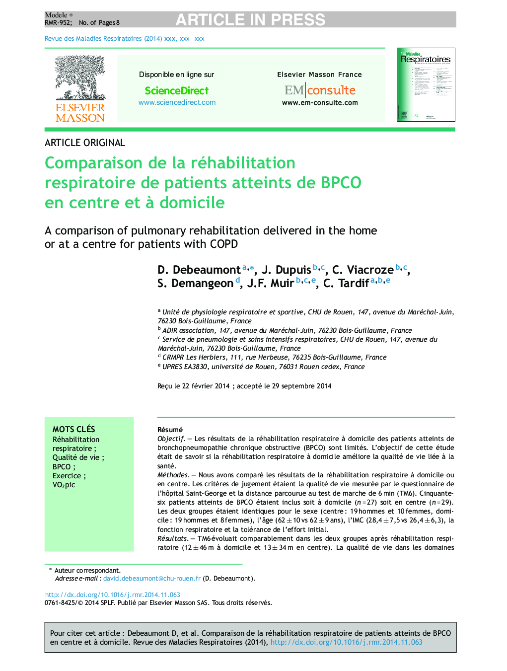 Comparaison de la réhabilitation respiratoire de patients atteints de BPCO en centre et Ã  domicile