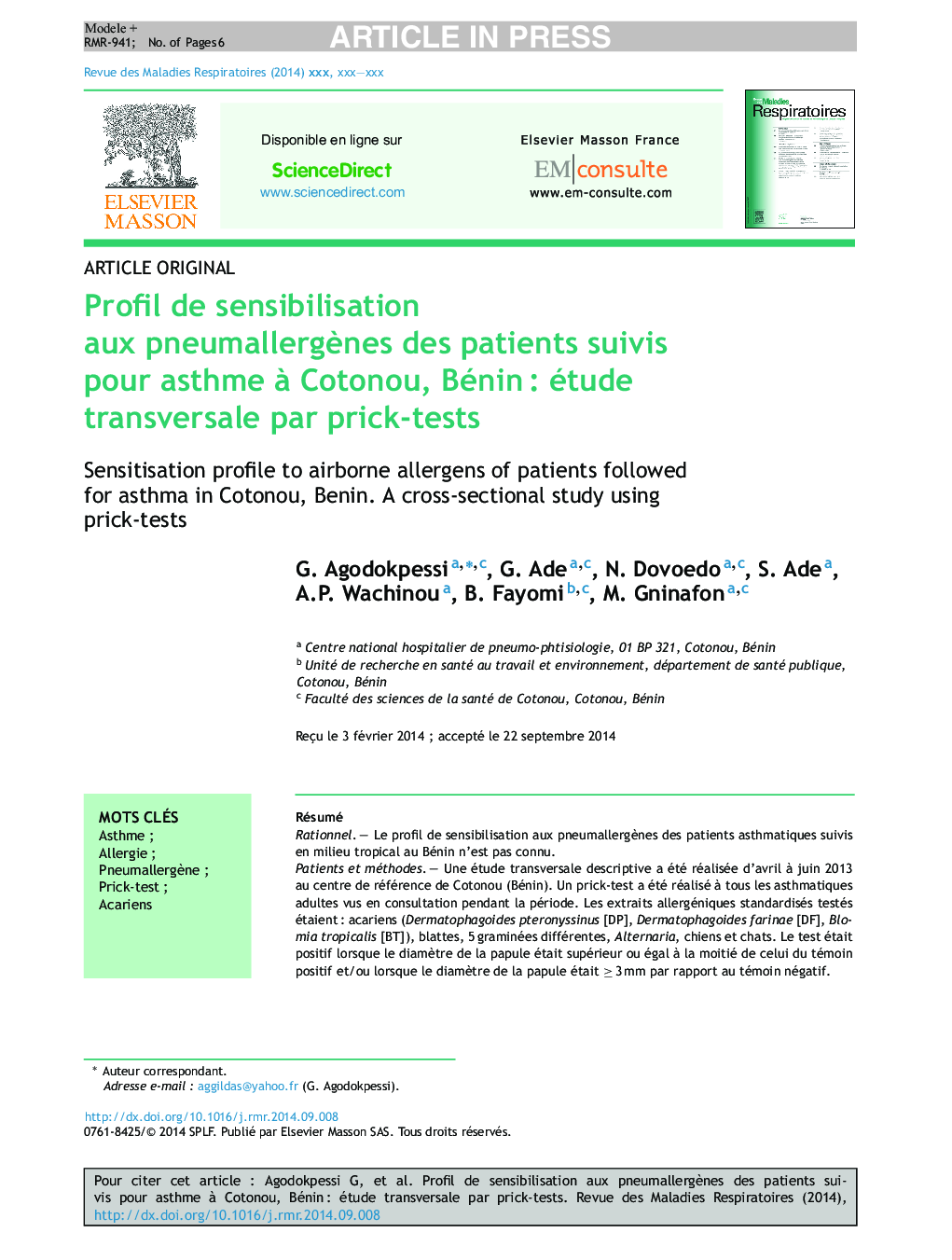 Profil de sensibilisation aux pneumallergÃ¨nes des patients suivis pour asthme Ã  Cotonou, BéninÂ : étude transversale par prick-tests