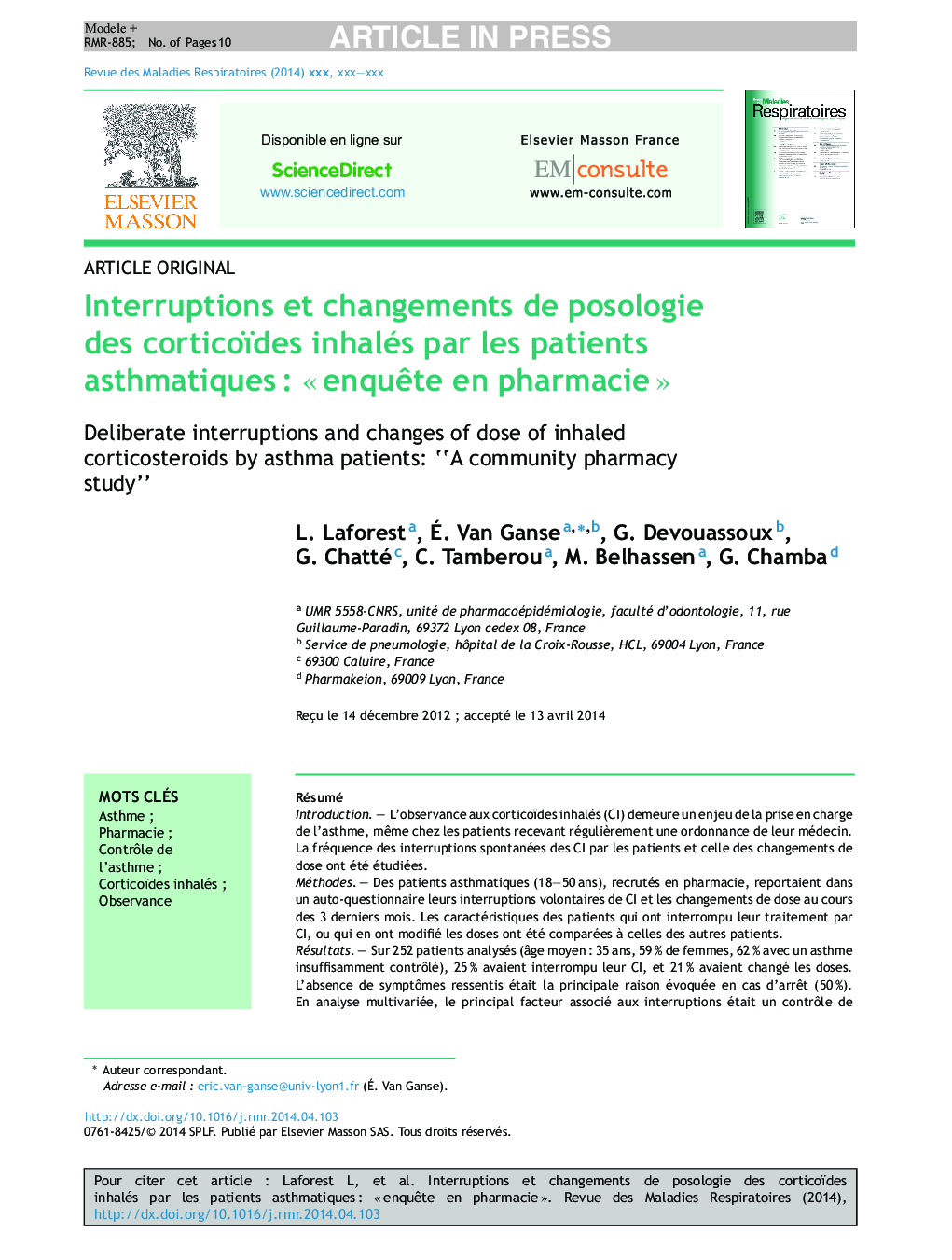 Interruptions et changements de posologie des corticoïdes inhalés par les patients asthmatiquesÂ : Â«Â enquÃªte en pharmacieÂ Â»