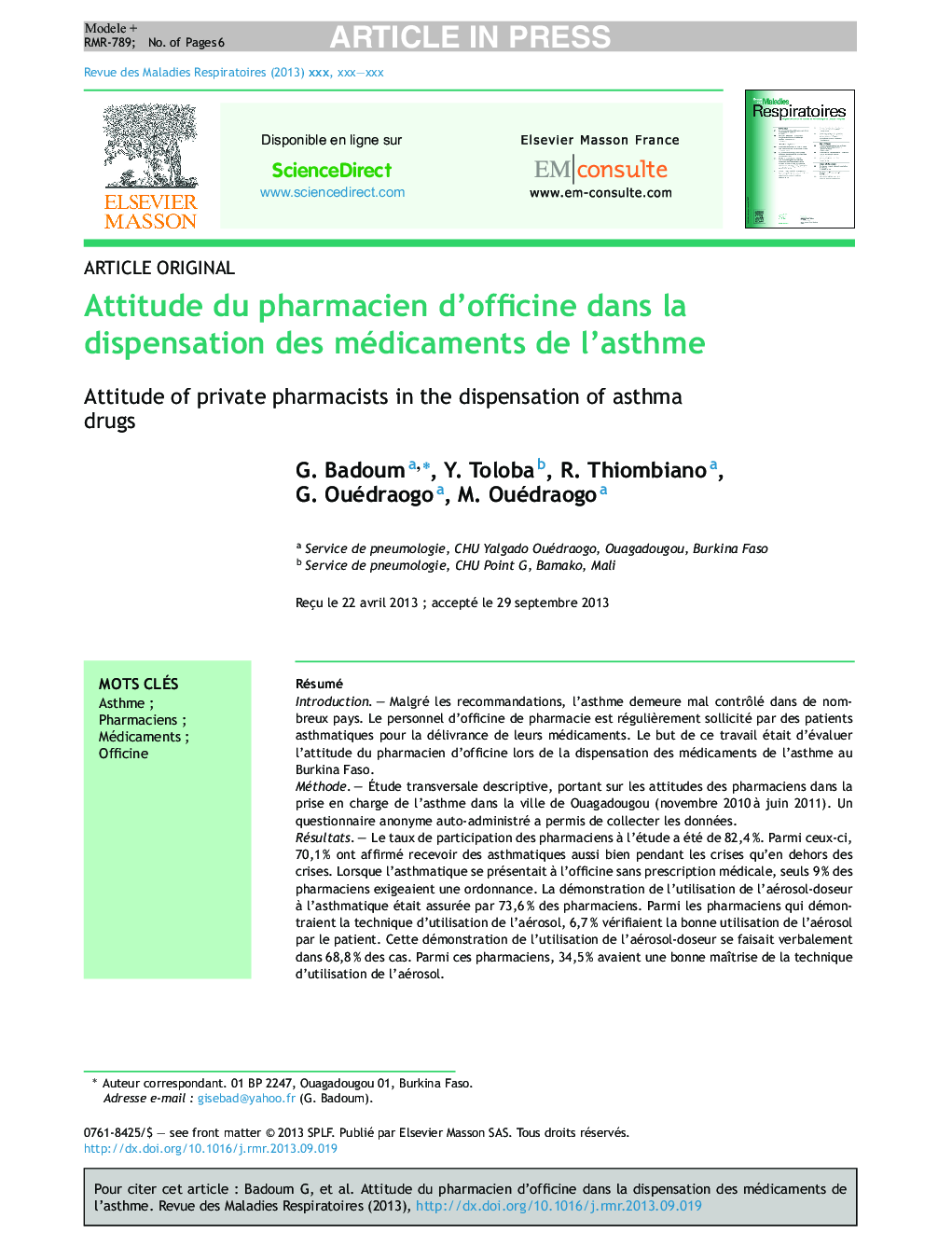 Attitude du pharmacien d'officine dans la dispensation des médicaments de l'asthme