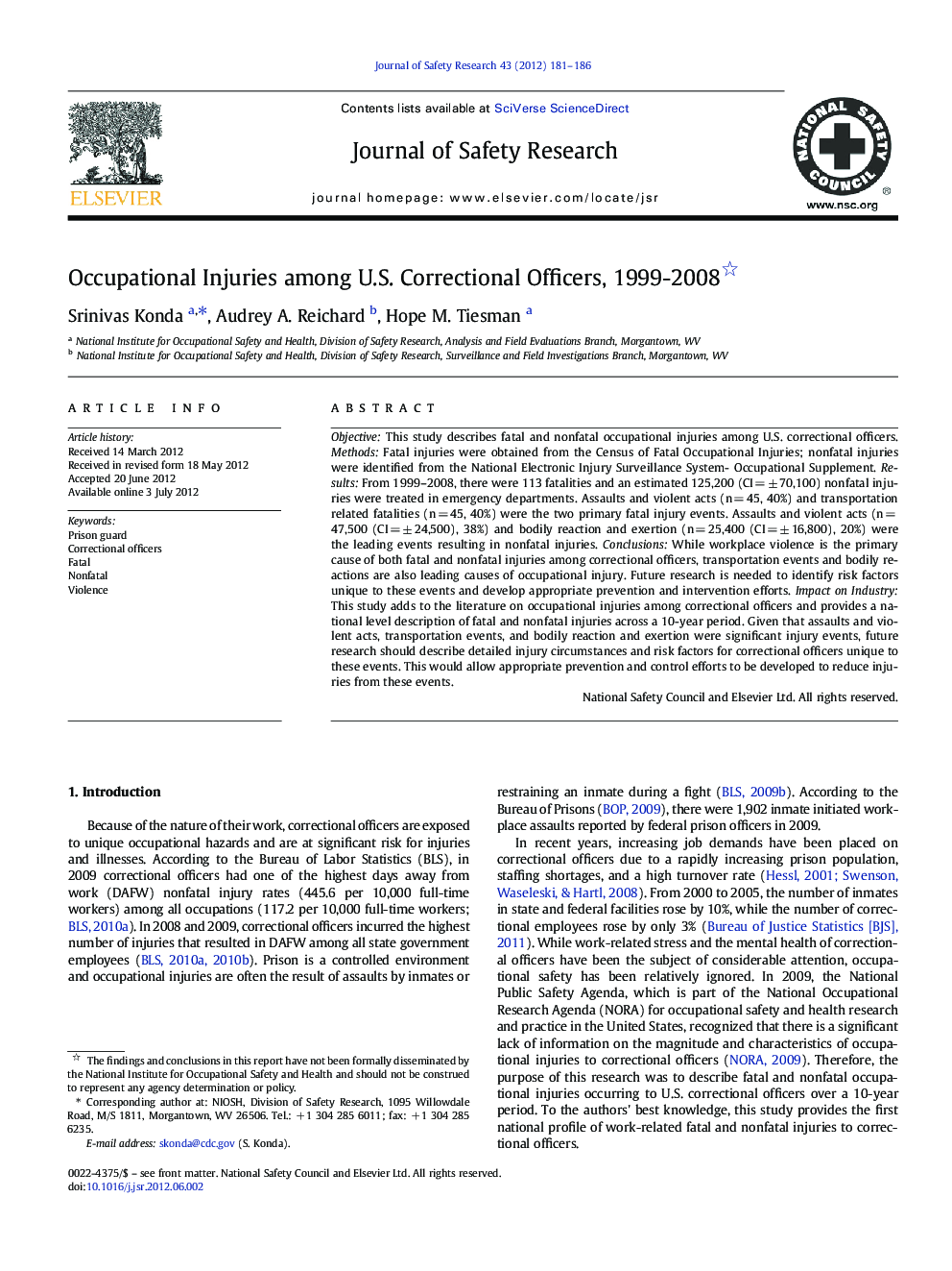 Occupational Injuries among U.S. Correctional Officers, 1999-2008 