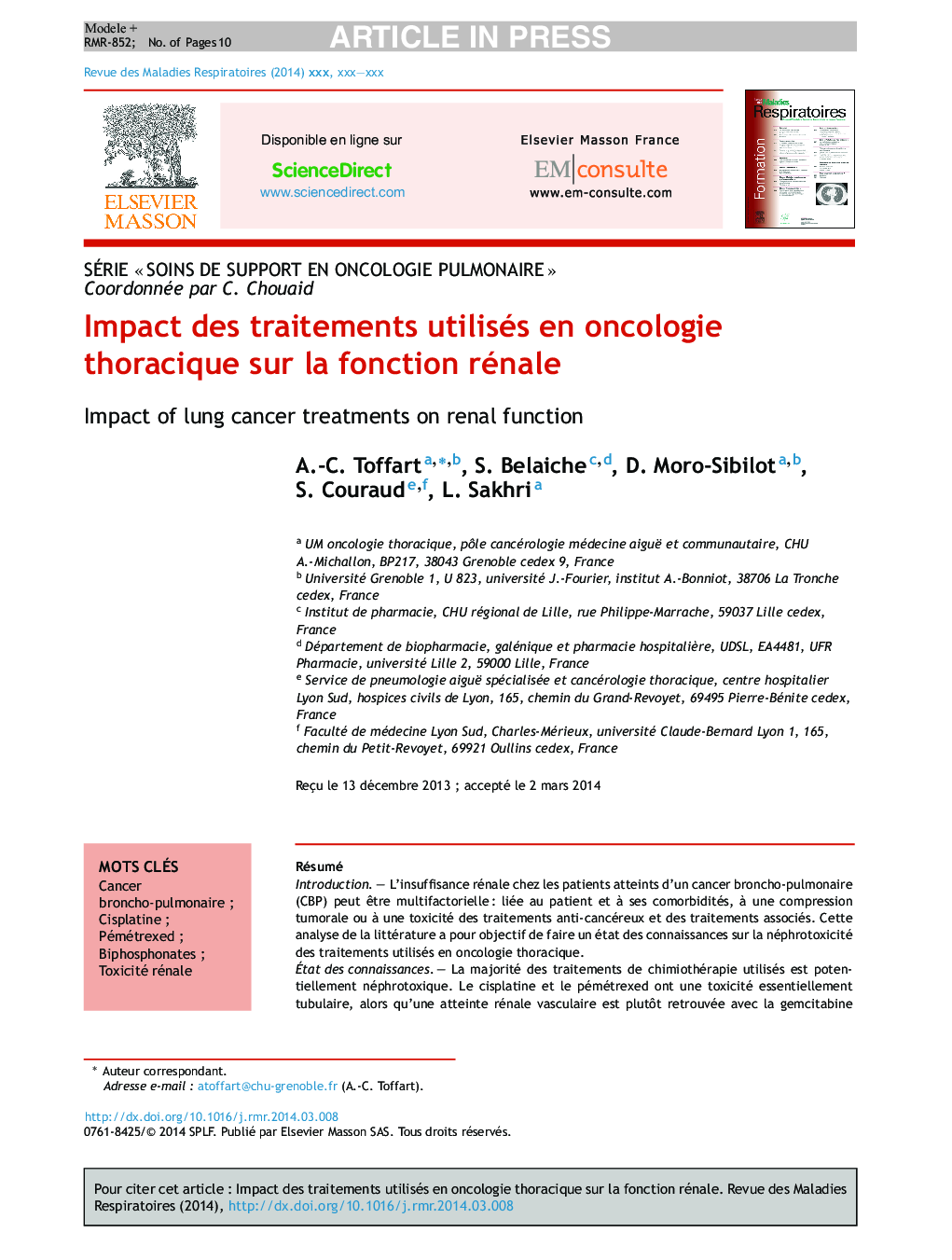 Impact des traitements utilisés en oncologie thoracique sur la fonction rénale