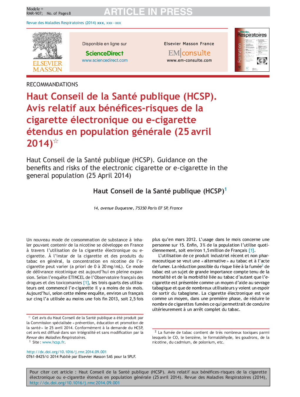 عکس صفحه اول مقاله: Haut Conseil de la Santé publique (HCSP). Avis relatif aux bénéfices-risques de la cigarette électronique ou e-cigarette étendus en population générale (25Â avril 2014) Haut Conseil de la Santé publique (HCSP). Avis relatif aux bénéfices-risques de la cigarette électronique ou e-cigarette étendus en population générale (25Â avril 2014)