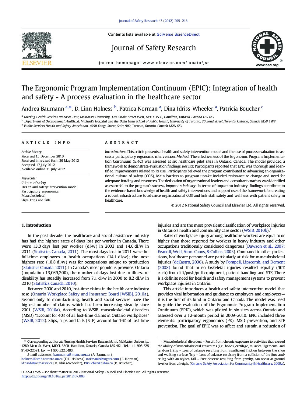 The Ergonomic Program Implementation Continuum (EPIC): Integration of health and safety - A process evaluation in the healthcare sector