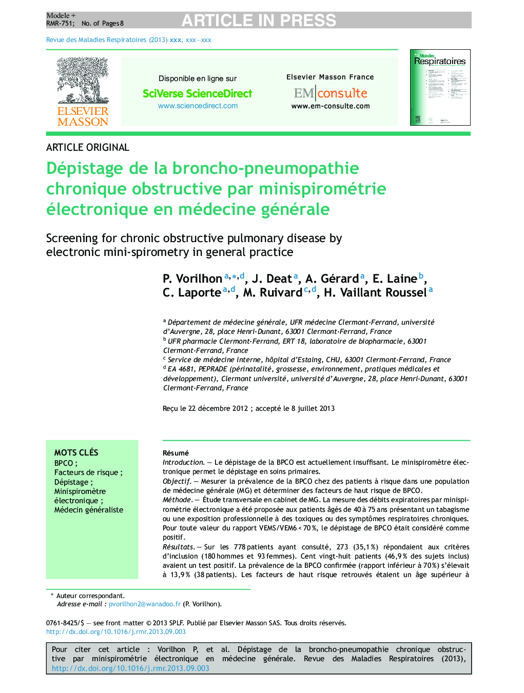 Dépistage de la broncho-pneumopathie chronique obstructive par minispirométrie électronique en médecine générale