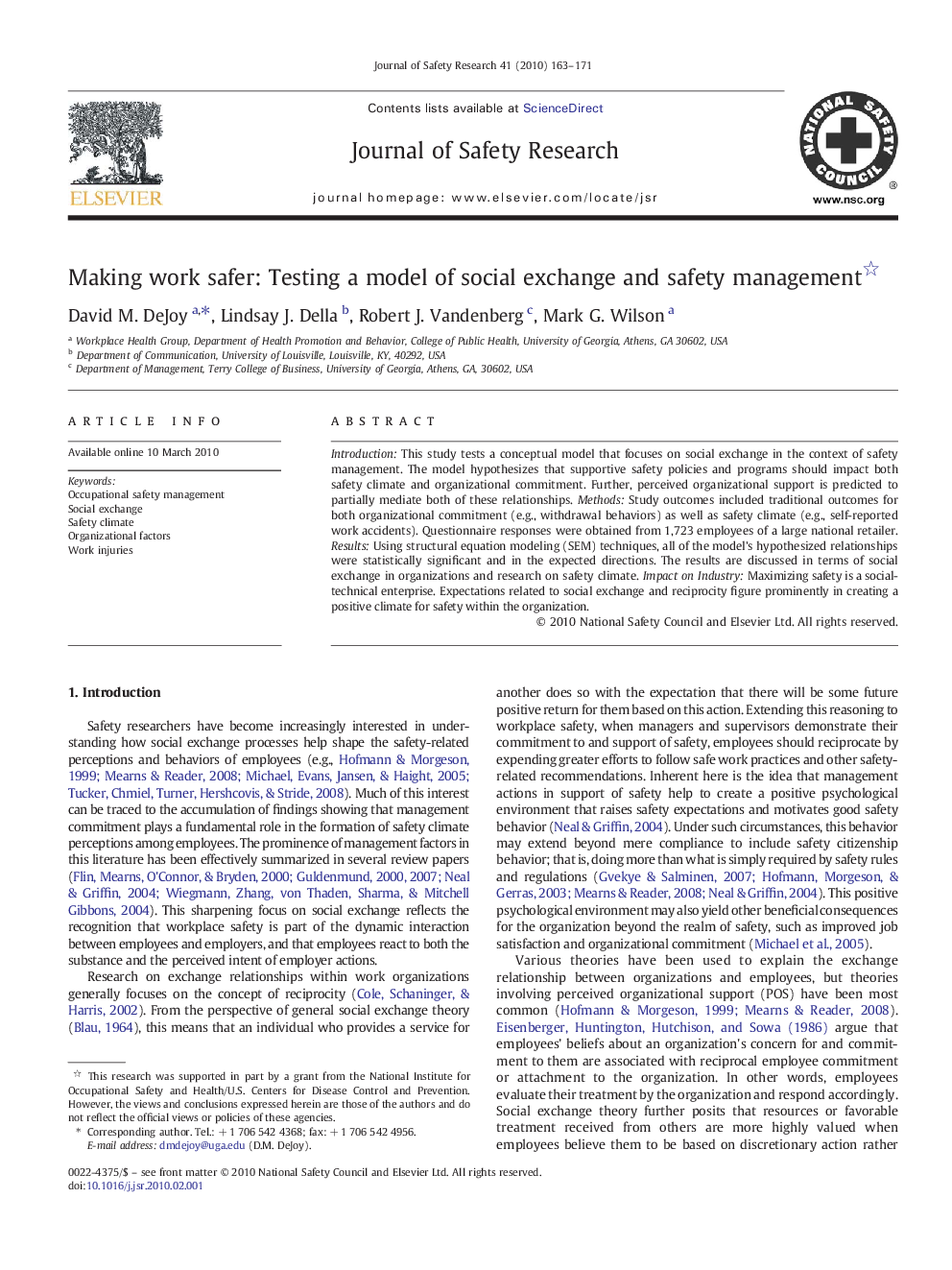 Making work safer: Testing a model of social exchange and safety management 