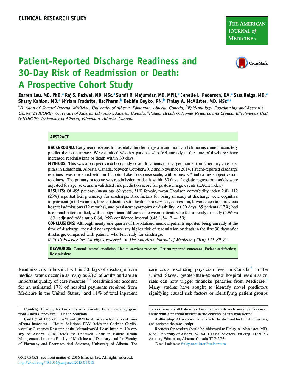 Patient-Reported Discharge Readiness and 30-Day Risk of Readmission or Death: AÂ Prospective Cohort Study