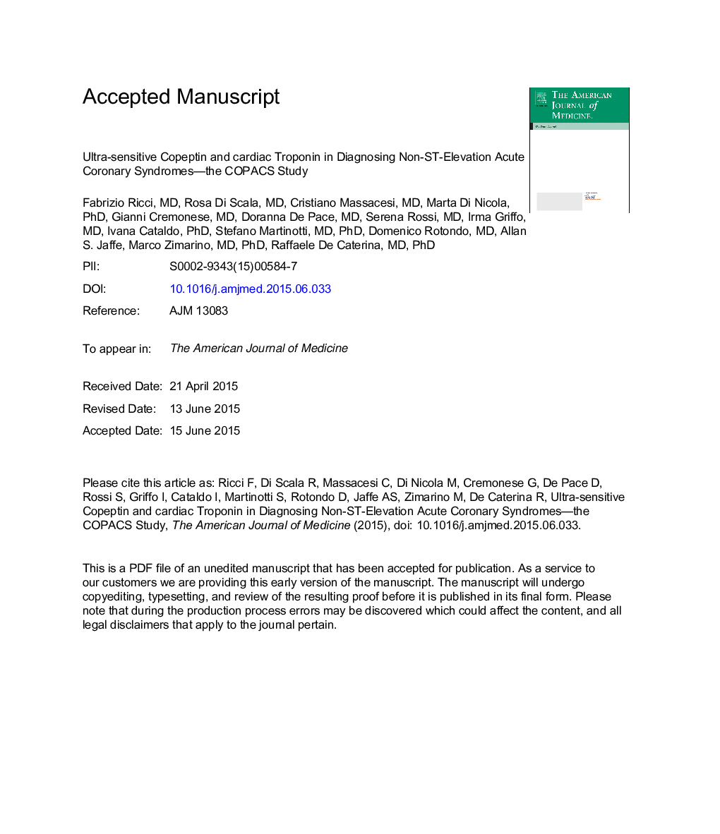 Ultra-Sensitive Copeptin and Cardiac Troponin in Diagnosing Non-ST-Segment Elevation Acute Coronary Syndromes-The COPACS Study