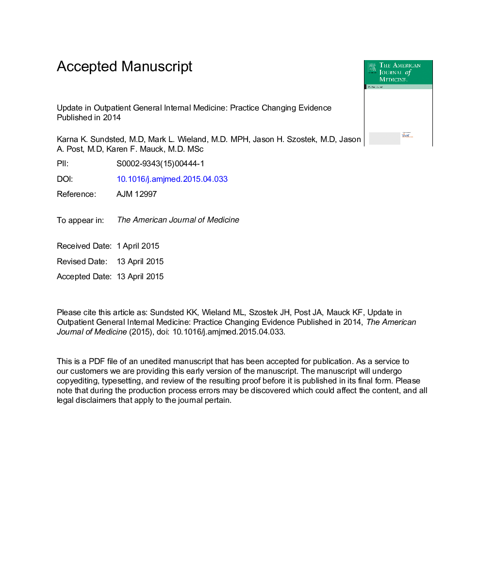 Update in Outpatient General Internal Medicine: Practice-changing Evidence Published in 2014