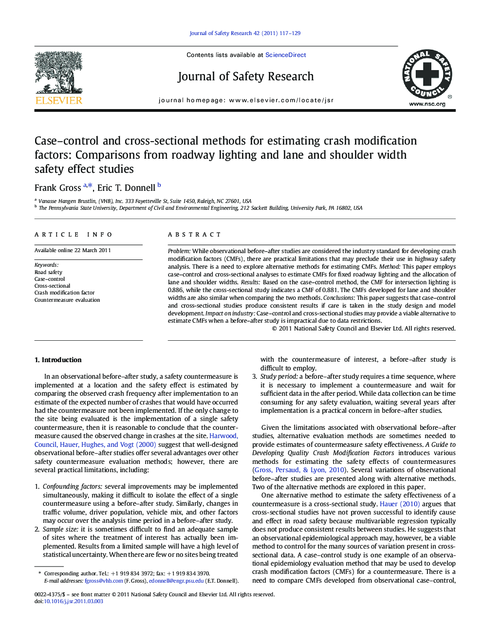 Case–control and cross-sectional methods for estimating crash modification factors: Comparisons from roadway lighting and lane and shoulder width safety effect studies