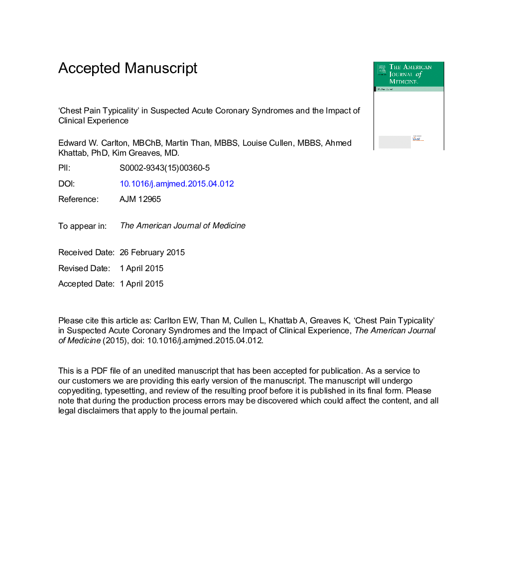 'Chest Pain Typicality' in Suspected Acute Coronary Syndromes and the Impact of Clinical Experience