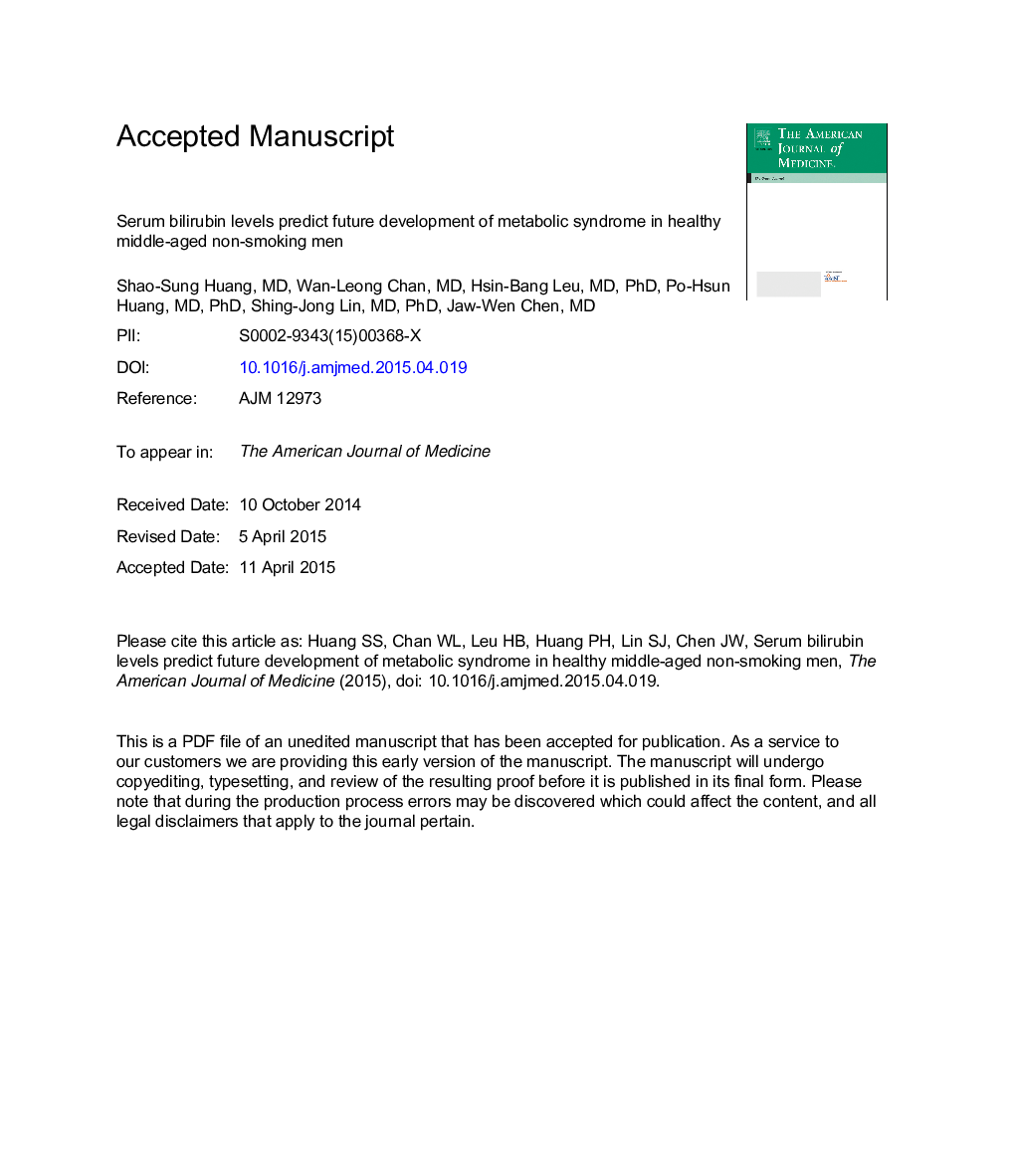 Serum Bilirubin Levels Predict Future Development of Metabolic Syndrome in Healthy Middle-aged Nonsmoking Men