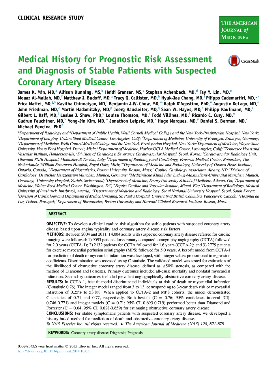 Clinical research studyMedical History for Prognostic Risk Assessment and Diagnosis of Stable Patients with Suspected Coronary Artery Disease