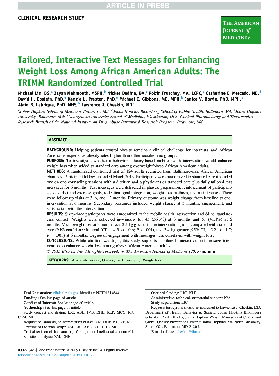 Tailored, Interactive Text Messages for Enhancing Weight Loss Among African American Adults: The TRIMM Randomized Controlled Trial