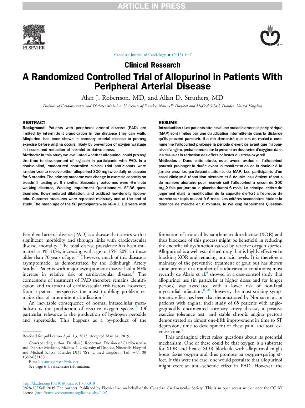 یک آزمایش تصادفی کنترل شده با آلوپورینول در بیماران مبتلا به بیماری شریانی محیطی 