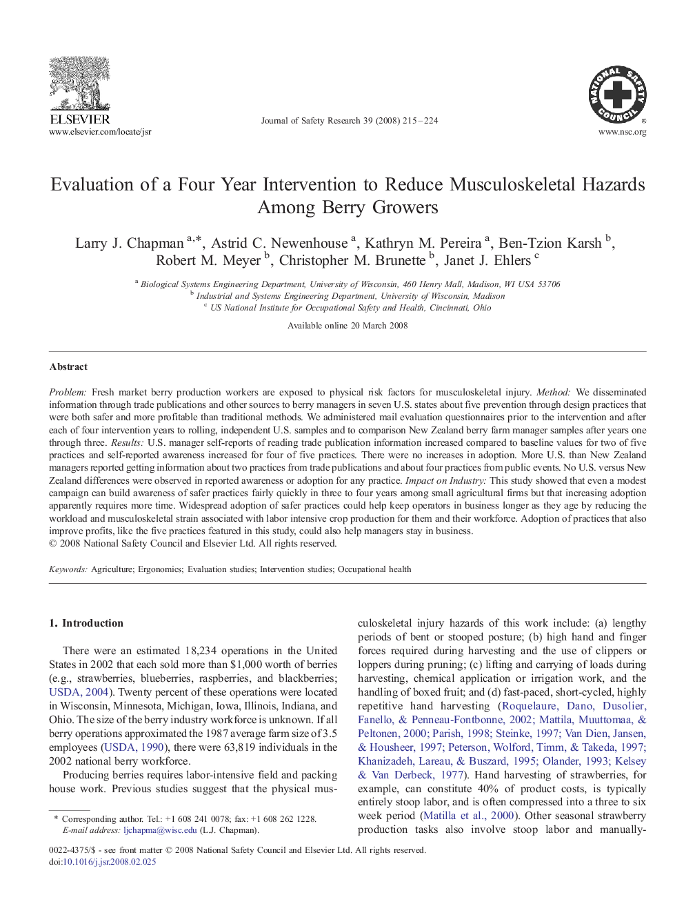 Evaluation of a Four Year Intervention to Reduce Musculoskeletal Hazards Among Berry Growers