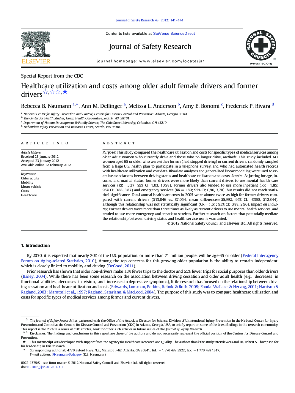 Healthcare utilization and costs among older adult female drivers and former drivers ★