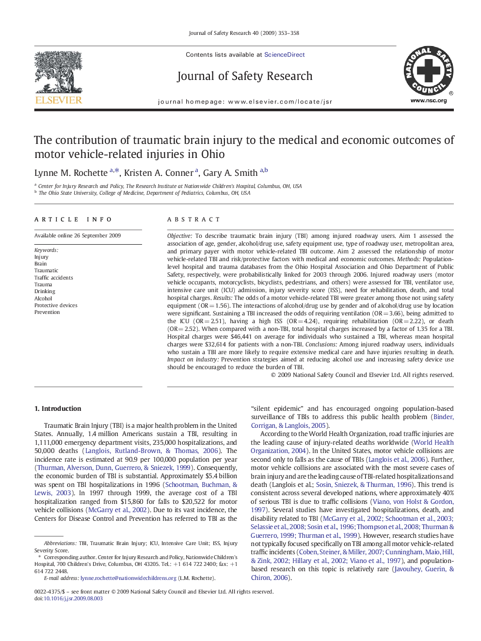 The contribution of traumatic brain injury to the medical and economic outcomes of motor vehicle-related injuries in Ohio